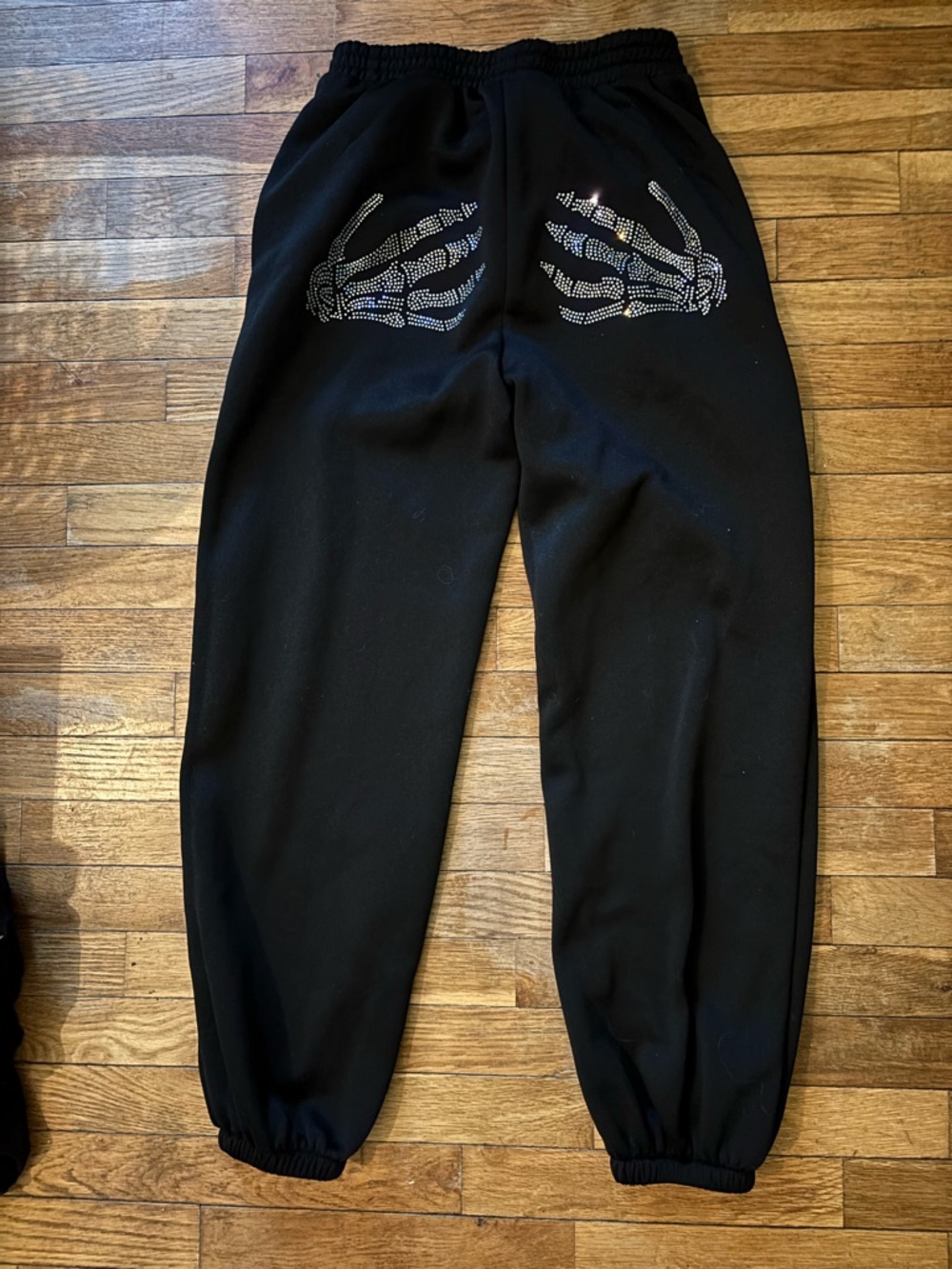 Black Sweatpants with Rhinestone Skeleton Hand Design - Picture 6 of 7